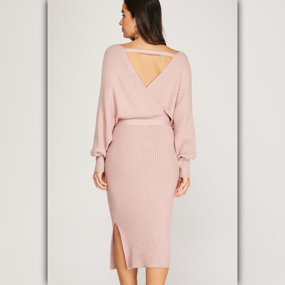Large - Long Sleeve Knit Sweater Midi Dress with Side Slit and Sash - Picture 2 of 2